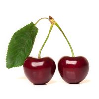 Two red ripe cherries with stems and a leaf on white background Two red ripe cherries with stems and a leaf isolated on white background
